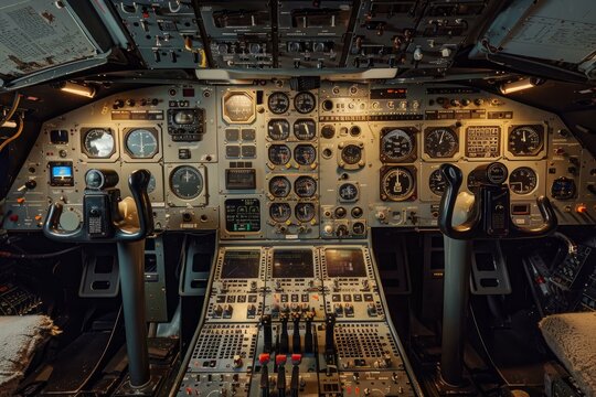 Airplane cockpit control panel with many buttons, screens, and control sticks