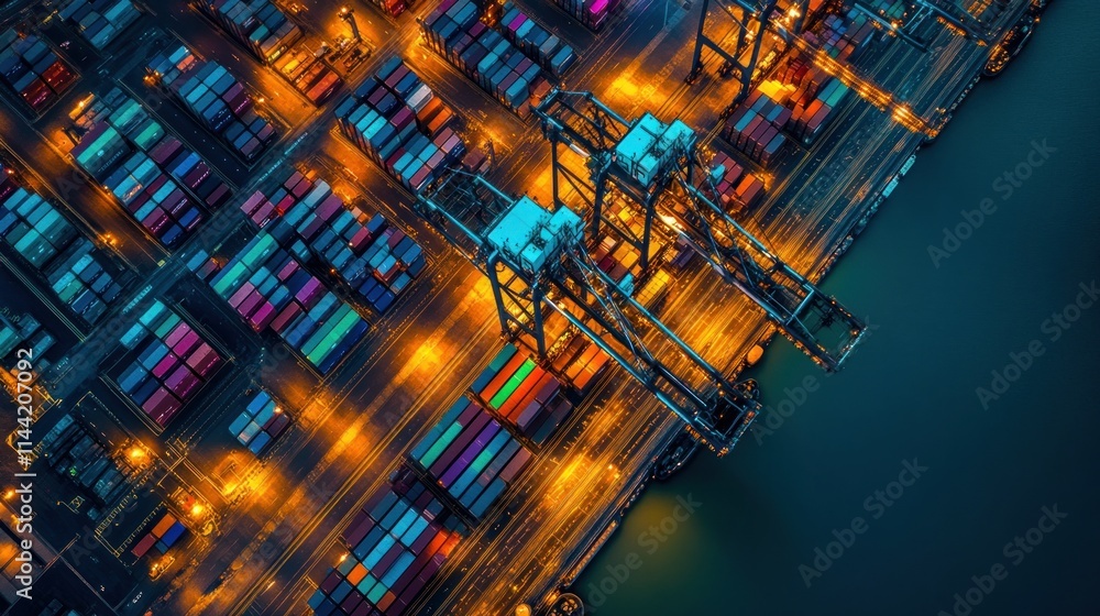 Poster night aerial view of container port with cranes and cargo.