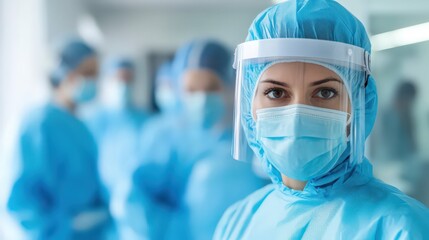A woman in a blue hospital gown with a mask on her face