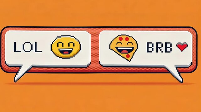 Classic DialUp Chat Scene An 8bit styled chat box set against a bright orange backdrop. Conversations include retrobased small text like LOL and BRB amidst a variety of