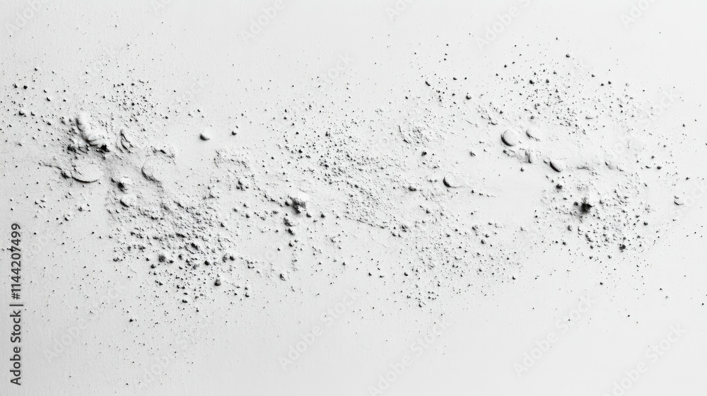 Poster fine white powder spread across a smooth surface with scattered particles creating an artistic and t
