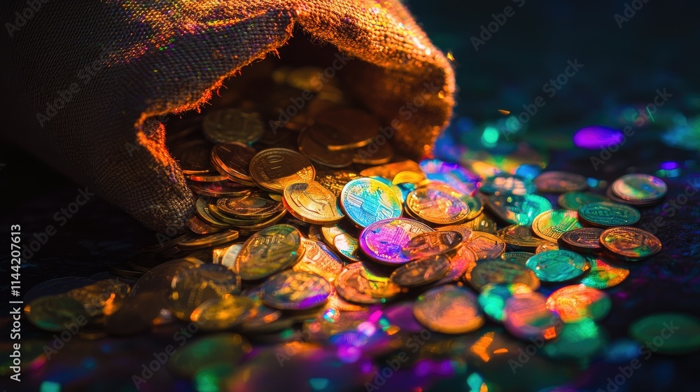 Poster a glimmering sack of coins spilling richly colored currency on a black surface with ethereal light r