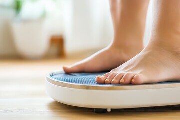 Fototapeta premium Bare feet positioned on a digital scale measuring weight indoors during a bright morning