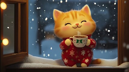 Adorable cartoon cat enjoying hot beverage by a snowy window, radiating warmth and happiness during winter season, perfect for festive themes and cozy vibes