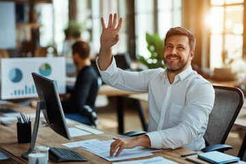 Young man using fingerprint biometrics while working in a modern office environment during daylight hours