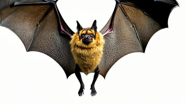 Brown bat with unique fur texture flying against a plain backdrop highlighting features and details