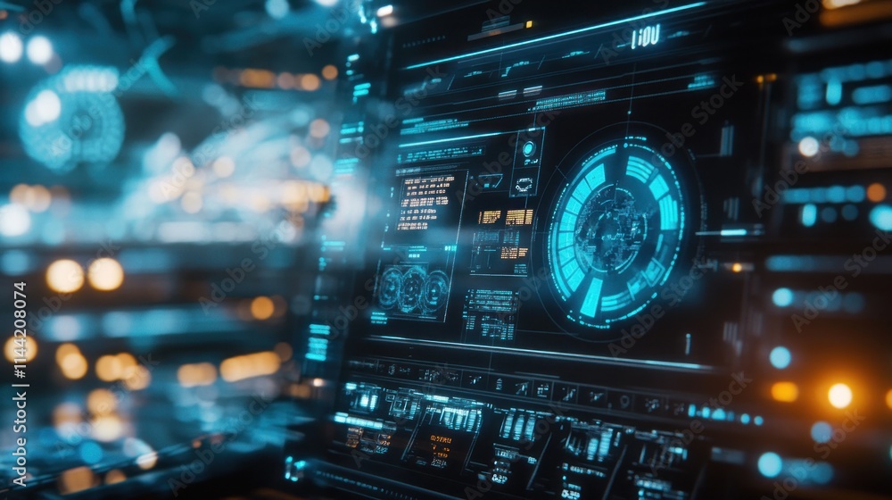 Poster Futuristic console with glowing digital interface and various data displays.