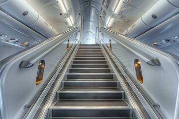 Obraz premium Modern stairway with bright lights leading to the upper deck of a large passenger airplane