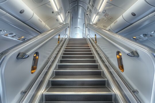 Modern stairway with bright lights leading to the upper deck of a large passenger airplane