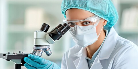 A focused scientist examines samples through a microscope while wearing lab attire and protective gear in a bright laboratory setting.