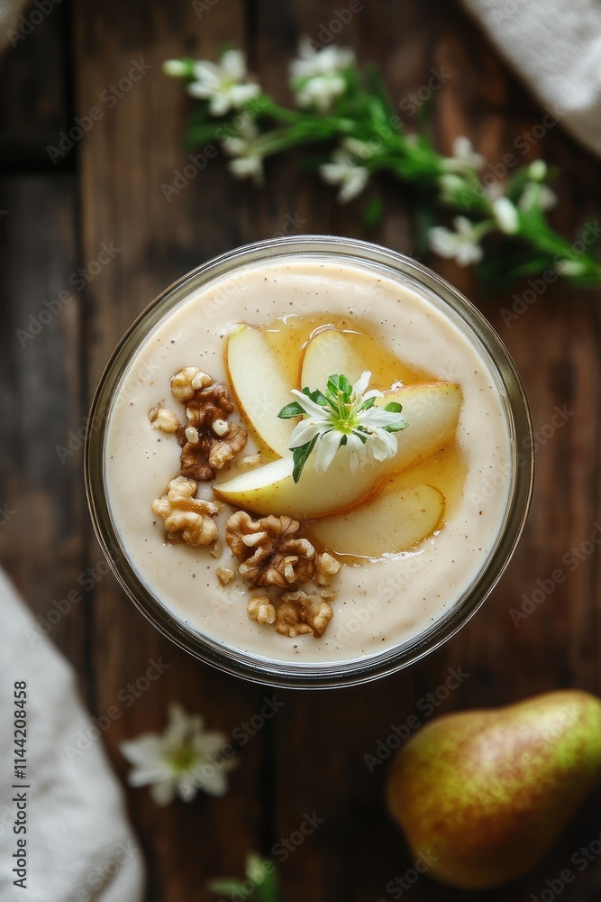Poster pear smoothie with walnuts and honey on rustic wood.