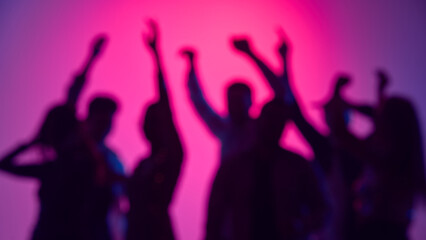 Neon swirls and shimmering drinks highlight vibrant crowd dancing and celebrating life together in...