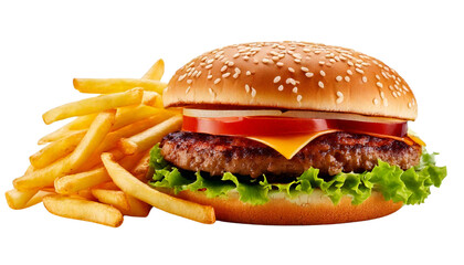 Tasty Burger and Crispy French Fries on a White Background  