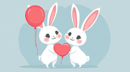 Obraz premium Cute Cartoon Bunnies Holding Heart and Balloon in a Playful Scene, Perfect for Valentine's Day or Romantic Illustrations in Children's Books and Greeting Cards