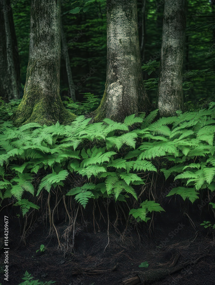 Poster dense, lush forest ground with trees and visible roots.