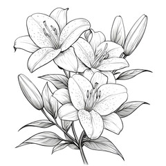 Line art drawing of lilies.