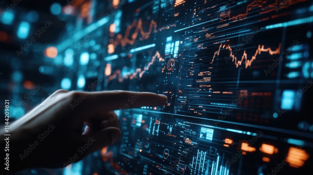 Aufkleber Finger points at complex digital data graphs on screen.
