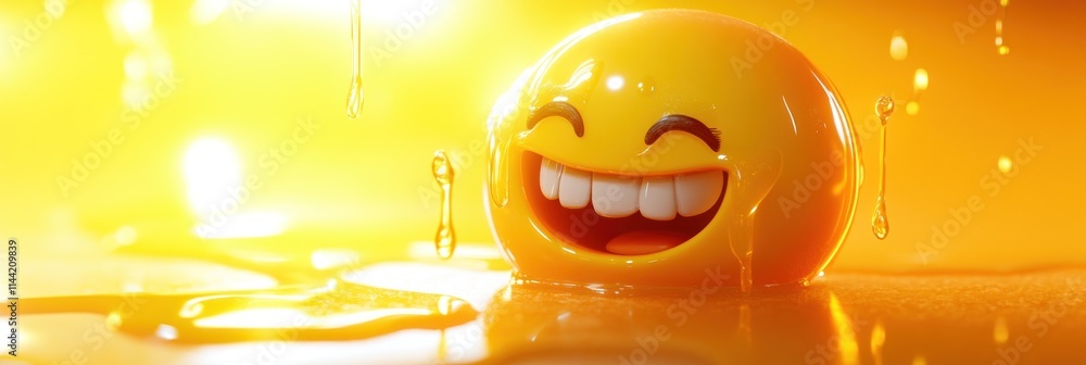Poster smiling emoji character submerged in dripping orange liquid.