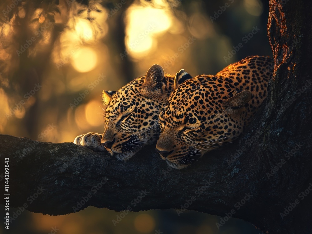 Poster Two leopards resting on a tree branch with a bokeh background.