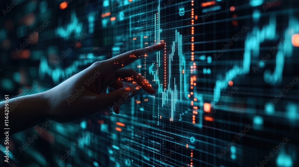 Poster Hand touches digital stock graph chart data on screen.