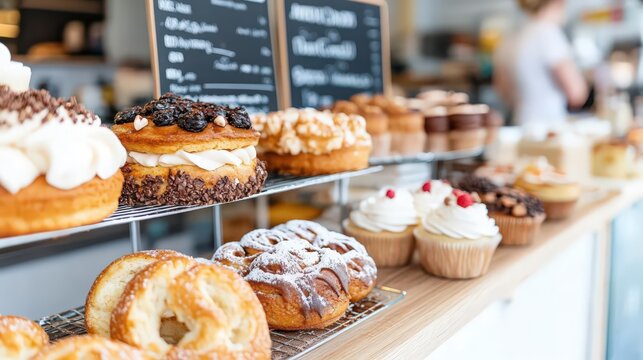 A bakery display case with a variety of pastries including donuts, cupcakes