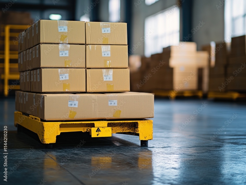 Poster pallet of boxes in warehouse with blurred background.