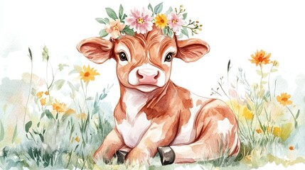 Adorable Watercolor Illustration of a Cute Calf Surrounded by Colorful Wildflowers and Floral Crown in a Serene Pastoral Setting