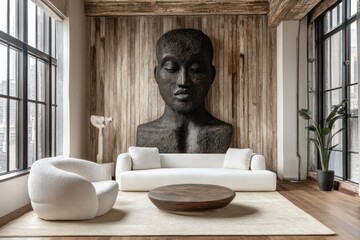 Serene Loft Interior with a Large Sculptural Head