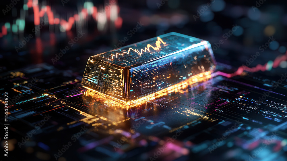 Poster glowing gold bar with futuristic stock market data and graphs in digital setting