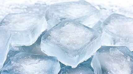 A close-up of clear ice cubes stacked against a frosty background, showcasing their crystalline structure and cool texture.