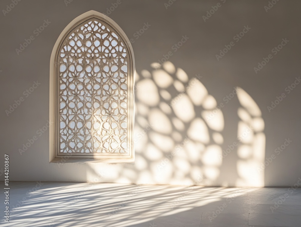 Aufkleber Intricate window casts geometric shadows on a plain wall.