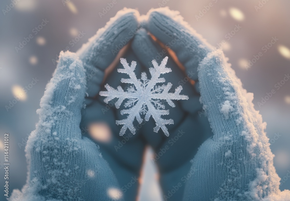 Poster close-up of a large crystal snowflake on gloved hands. the background is blurred with light blue ton
