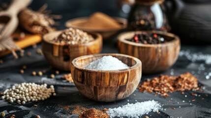 Assorted spices and salt in wooden bowls on a rustic surface