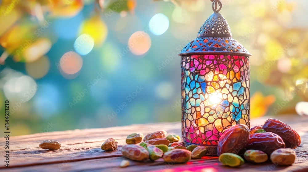 Poster stained glass lantern with dates and pistachios on wooden surface.