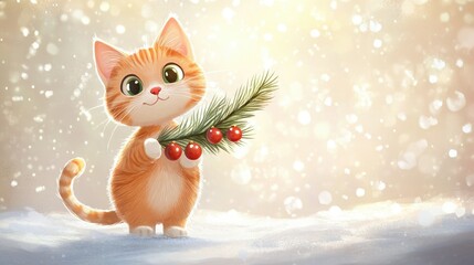 Obraz premium Cute Ginger Cat Holding Christmas Branch with Berries in a Snowy Winter Wonderland, Soft Warm Glow of Holiday Lights and Sparkling Snowflakes