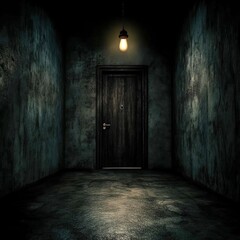 Obraz premium Dark and Gloomy Room with a Single Light Bulb Above a Door