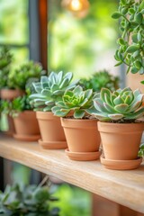 Obraz premium Small Succulents in Terracotta Pots, Scandinavian Home Decor with Lush Green Plants on Window Shelf