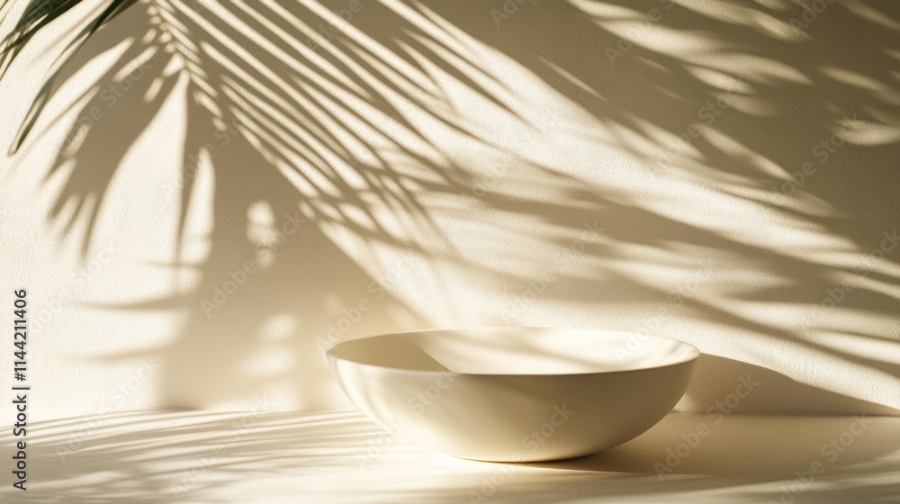 Poster empty white bowl with palm leaf shadow.