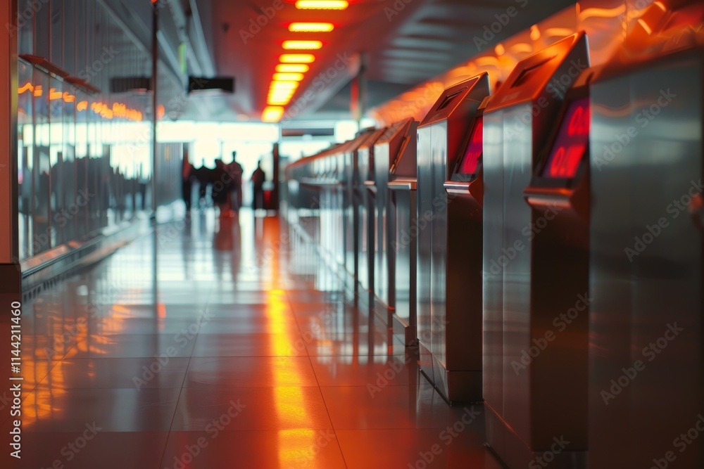 Poster empty ticket gates with red lights glowing in a subway station with passengers walking in the backgr