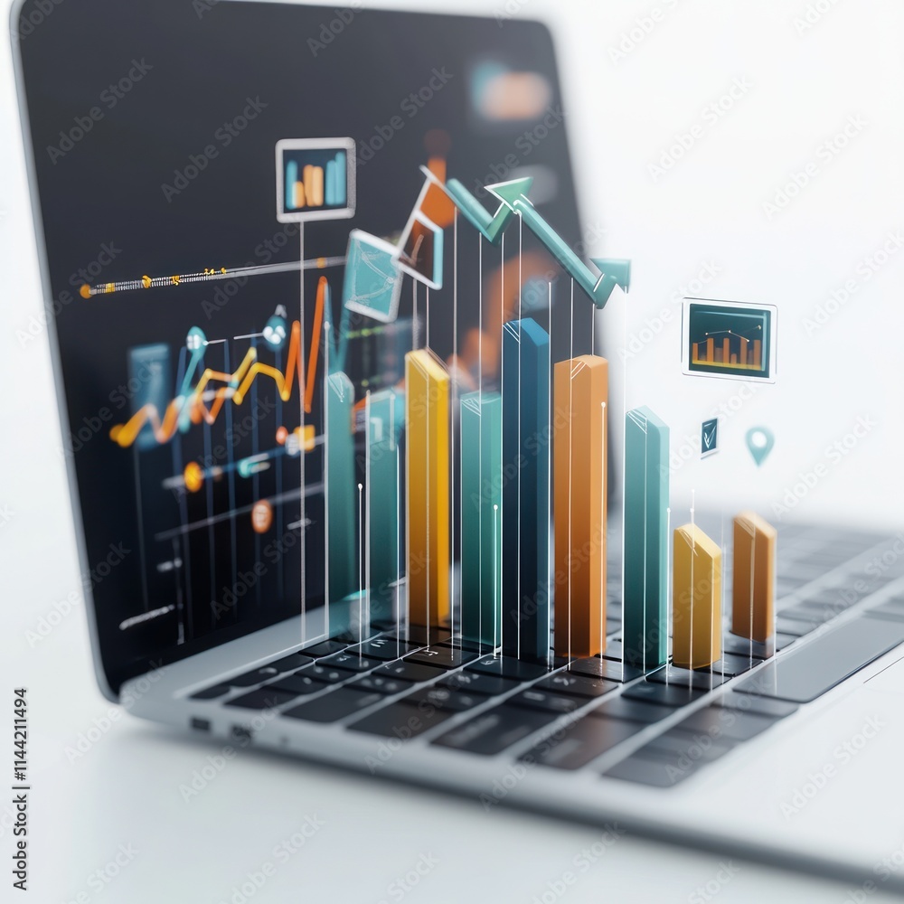 Aufkleber Laptop showing data with charts and graphics.