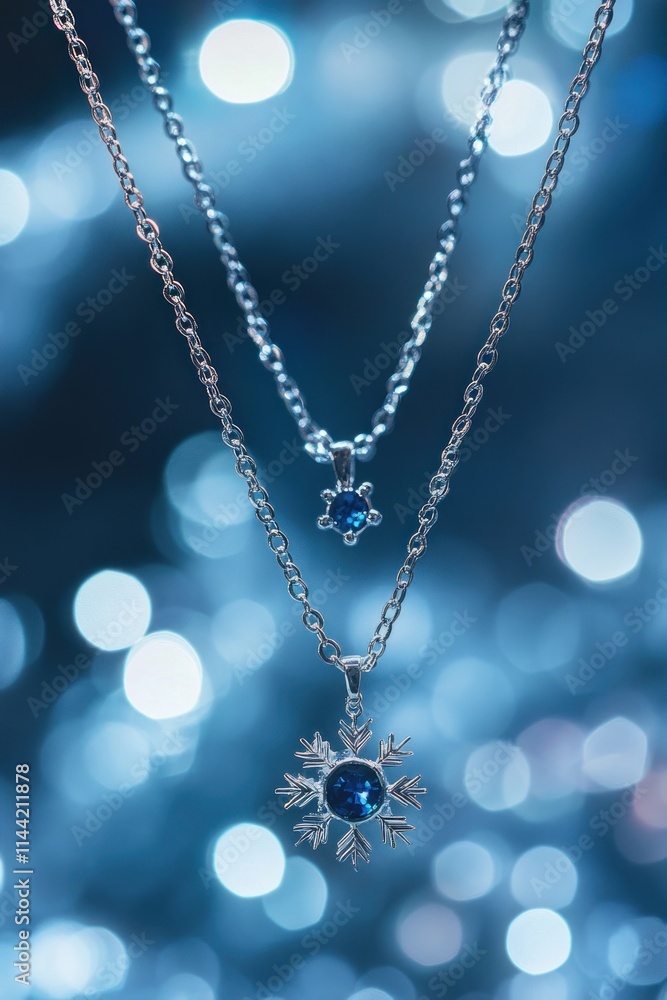 Poster two layered silver necklaces with snowflake and gem pendants on bokeh background.