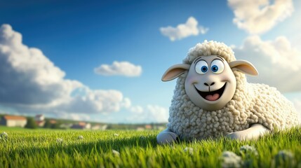Fototapeta premium Cute cartoon sheep with fluffy wool, bright blue eyes, and cheerful expression relaxes on vibrant green grass under a clear blue sky with fluffy clouds in the background.