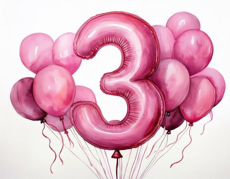 Pink birthday / anniversary balloon, number 3, watercolor painting with white background