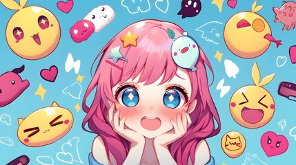 Fun emoji and icon set in anime style with cute characters for social media