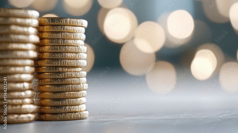 Poster a stack of shiny coins on a table, with a soft bokeh background creating a warm, inviting atmosphere