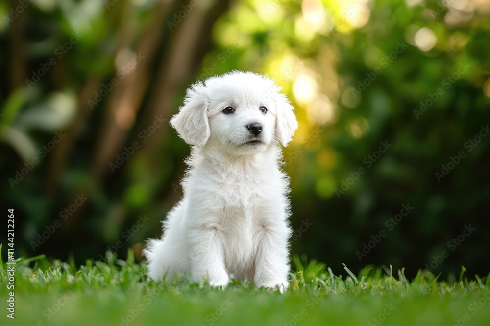 Poster white puppy sits in green grass, shallow depth of field.