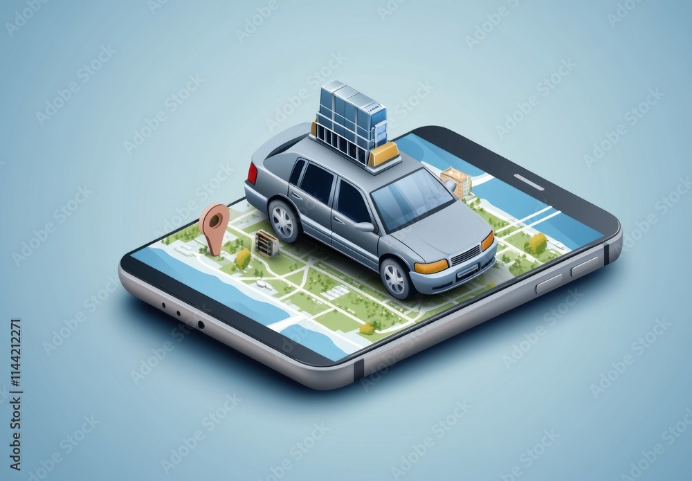 Poster Car on a mobile map with building on top.