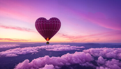 Fototapeta premium A hot air balloon floats above pink clouds at sunset