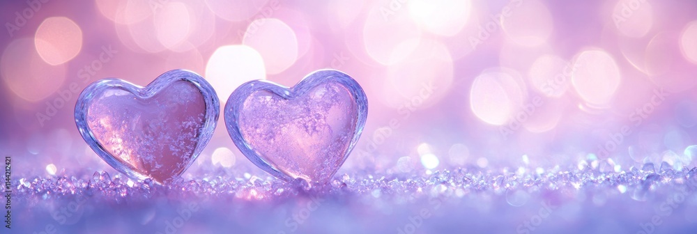 Poster two glass hearts on shiny surface with bokeh background.