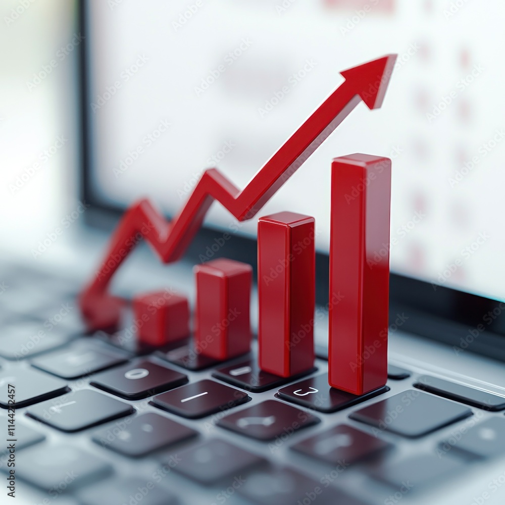 Poster Red bar graph with up arrow on laptop.